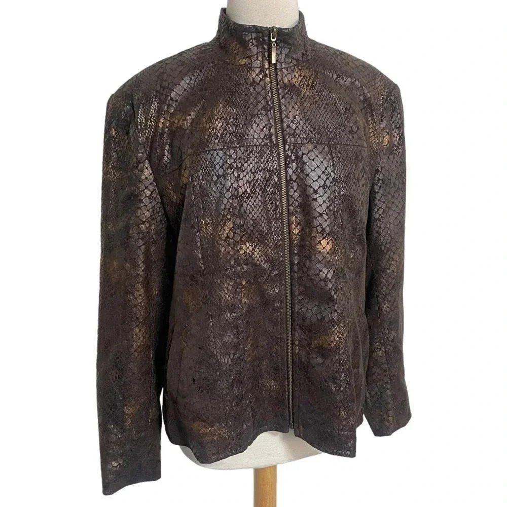 Erin London‎ XL brown/ metallic bronze snake skin print moto jacket